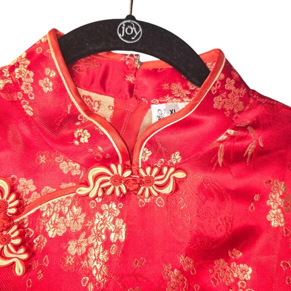 Red Floral Brocade Cheongsam Qipao Dress XL Chinese Traditional Satin Side Slits - Picture 4 of 13
